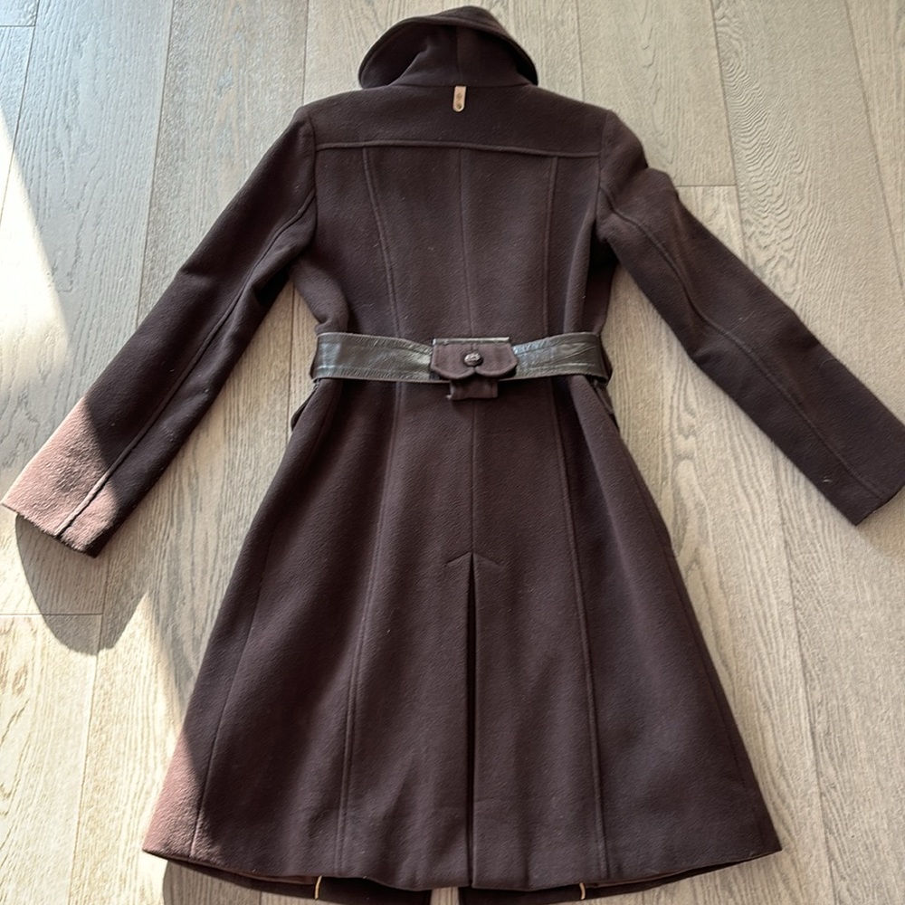 Mackage Women's Double-Breasted Chocolate Brown Wool Coat with Belt - Picture 2 of 8